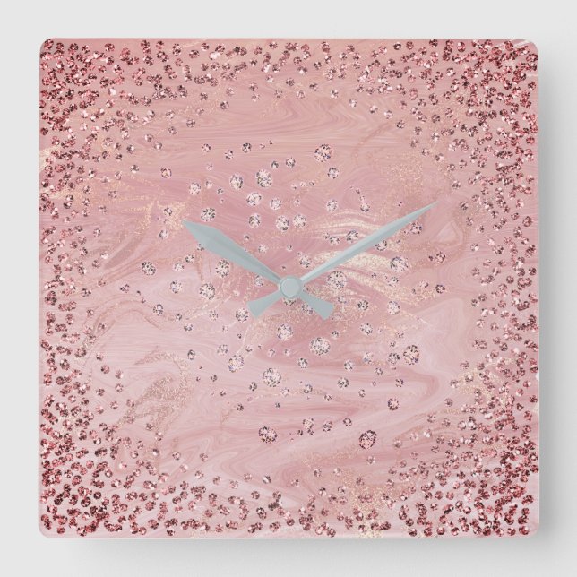 Silver Grey Graphite Diamond Crystals Marble Pink Square Wall Clock (Front)