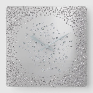 Silver Grey Graphite Diamond Gems Crystals Square Wall Clock