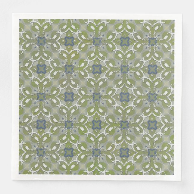 Silver Grey Green Blue Metallic Filigree Pattern Napkin (Front)