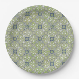 Silver Grey Green Blue Metallic Filigree Pattern Paper Plate
