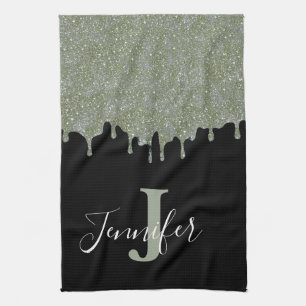 Silver Grey Grey and Black Monogram Glitter Drips Tea Towel