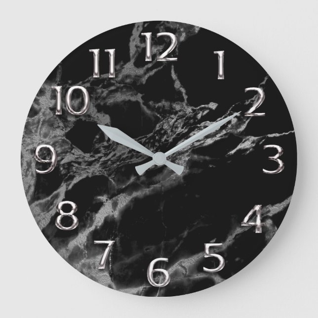 Silver Grey Grey Arabic Numbers Marble Black Large Clock (Front)