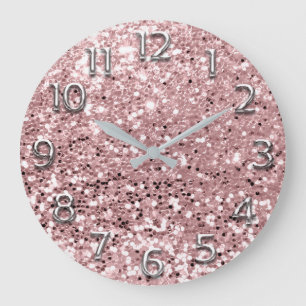 Silver Grey Grey Arabic Numbers Pink Glitter Blush Large Clock