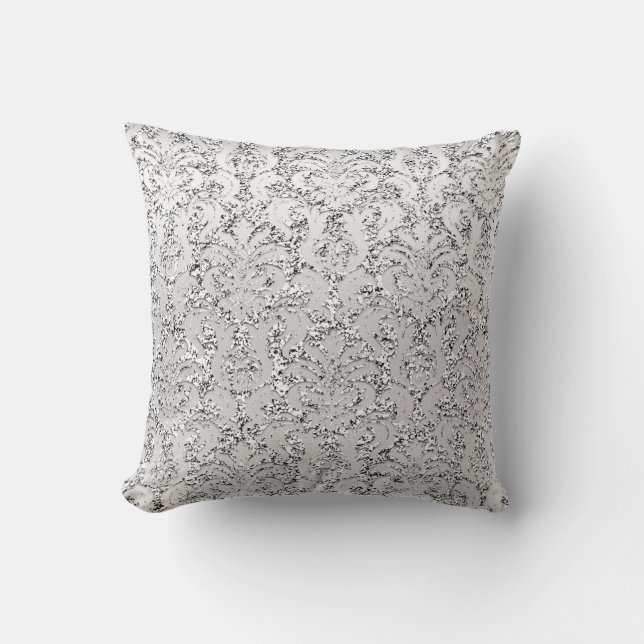 Silver Grey Grey Glitter Metallic Damask Royal Cushion (Front)