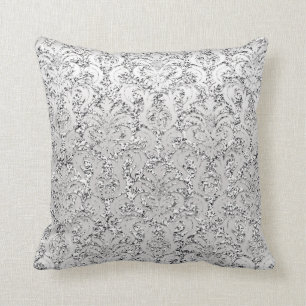 Silver Grey Grey Glitter Metallic Damask Royal Cushion