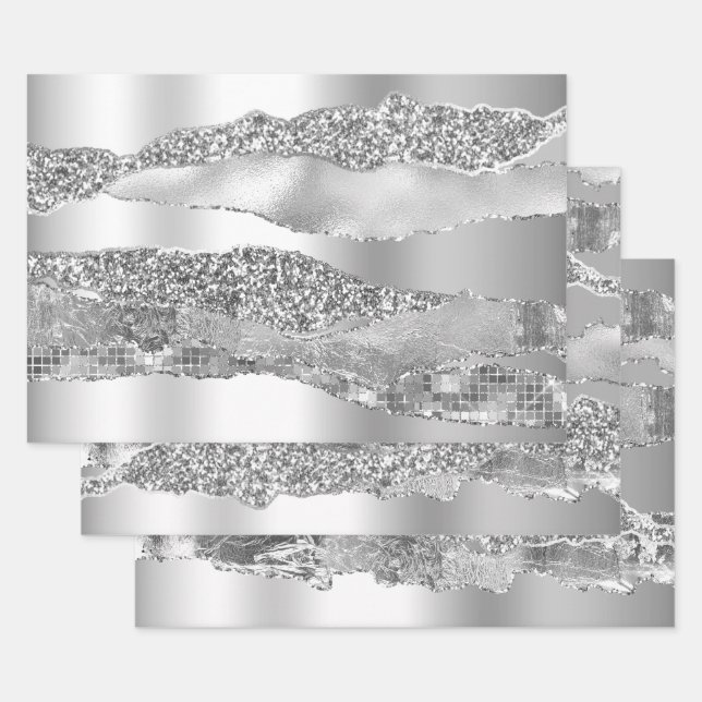 Silver grey grey glitter metallic foil chic wrapping paper sheet (Set)