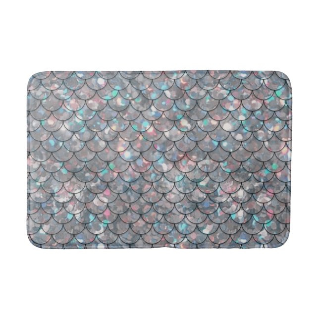Silver Grey Grey Mermaid Fish Scales Holographic  Bath Mat (Front)