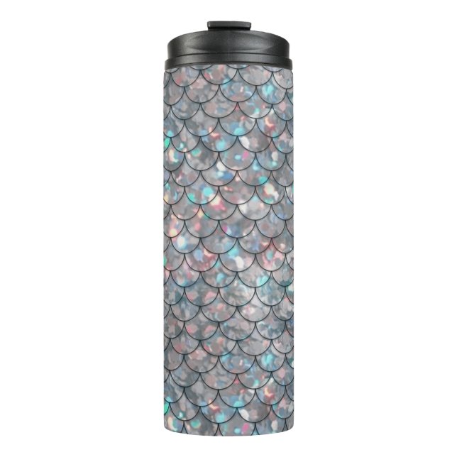 Silver Grey Grey Mermaid Fish Scales Holographic  Thermal Tumbler (Front)