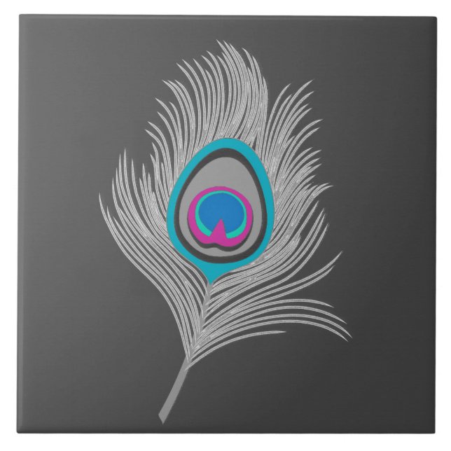 Silver Grey / Grey Peacock Feather on Graphite Ceramic Tile (Front)