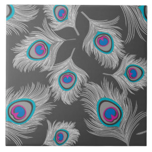Silver Grey / Grey Peacock Feathers on Graphite Ceramic Tile