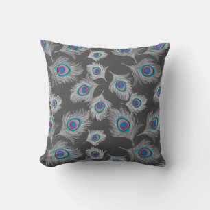 Silver Grey / Grey Peacock Feathers on Graphite Cushion