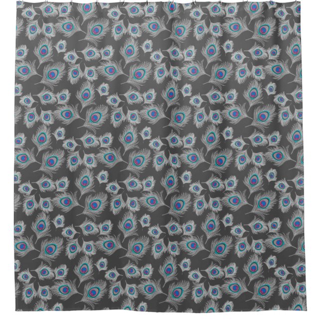 Silver Grey / Grey Peacock Feathers on Graphite Shower Curtain (Front)