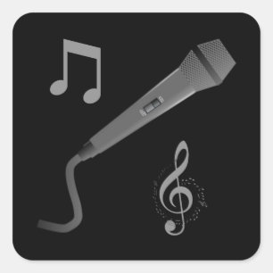 Silver grey hand drawn microphone musical notes square sticker