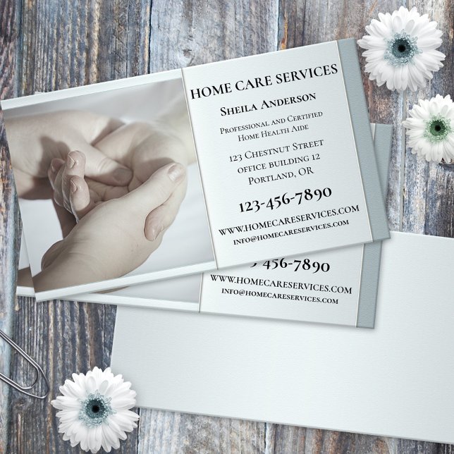 Silver Grey Home Health Aide Business Card (An elegant business card featuring a silver grey design with an image of healing hands - care giver)