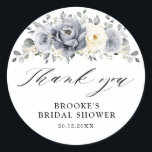 Silver Grey Ivory Floral Bridal Shower Thank you Classic Round Sticker<br><div class="desc">Elegant floral winter wedding thank you sticker features elegant grey ,  ivory and silver watercolor flower bouquet frosty-hued greenery. Please contact me for any help in customisation or if you need any other product with this design.</div>