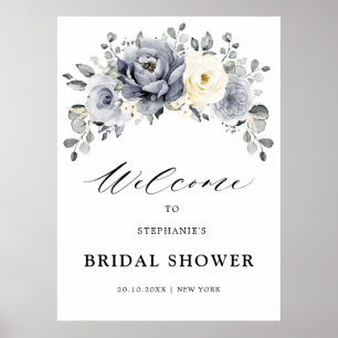 Silver Grey Ivory Floral  Bridal Shower Welcome Poster