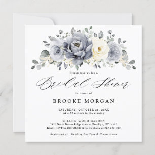Silver Grey Ivory Floral Winter Boho Bridal Shower Invitation