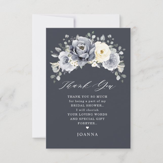 Silver Grey Ivory Floral Winter Boho Bridal Shower Thank You Card (Front)