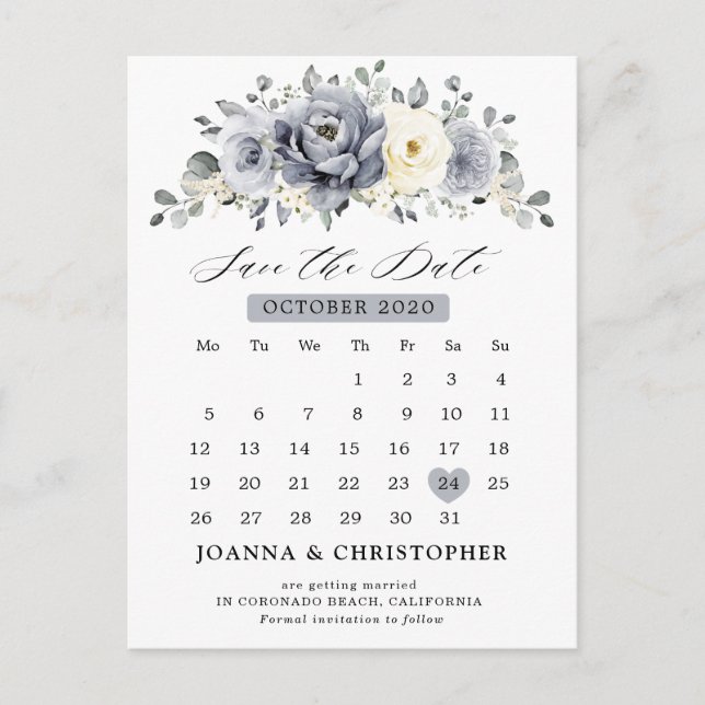 Silver Grey Ivory Floral Winter Boho Save the Date Postcard (Front)
