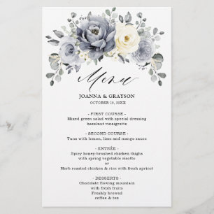 Silver Grey Ivory Floral Winter Boho Wedding Menu