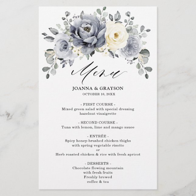 Silver Grey Ivory Floral Winter Boho Wedding Menu (Front)