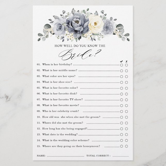 Silver Grey Ivory Floral Winter Bridal Shower Game (Front)
