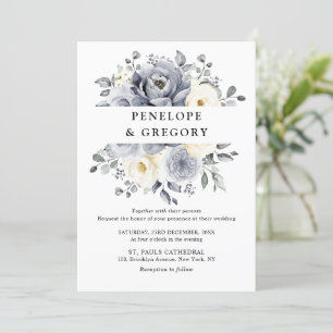 Silver Grey Ivory Floral Winter Rustic Wedding Invitation