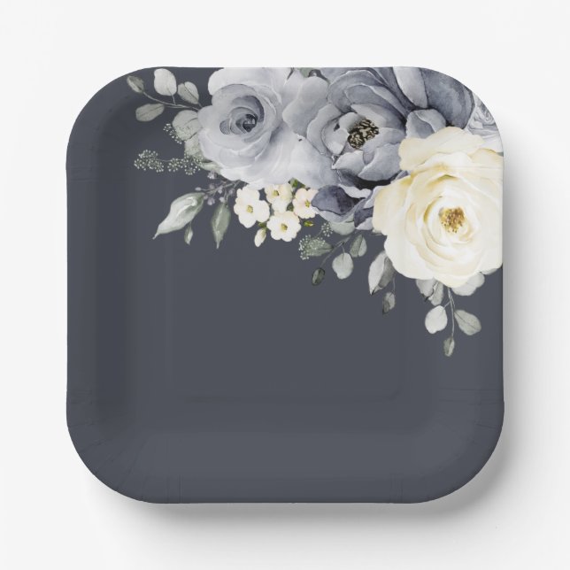 Silver Grey Ivory Floral Winter Rustic Wedding Pap Paper Plate (Front)