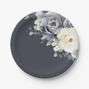 Silver Grey Ivory Floral Winter Rustic Wedding Pap Paper Plate