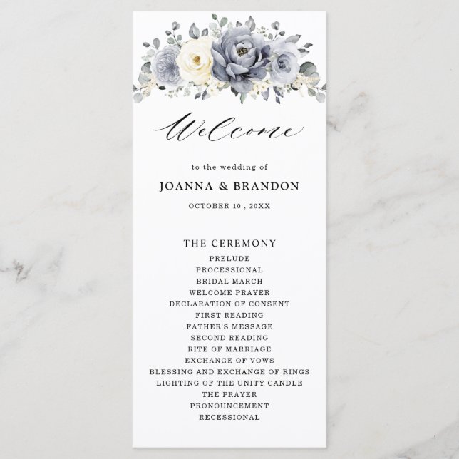 Silver Grey Ivory Floral Winter Rustic Wedding Program (Front)