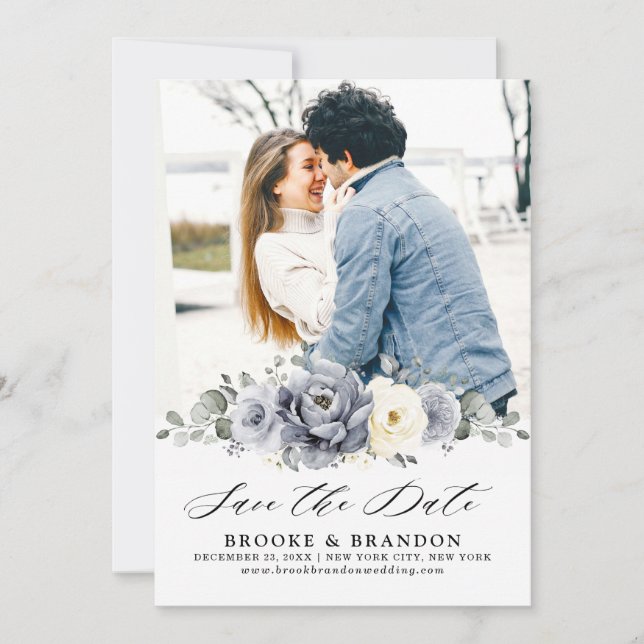 Silver Grey Ivory Floral Winter Rustic Wedding Sav Save The Date (Front)
