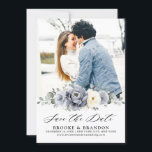 Silver Grey Ivory Floral Winter Rustic Wedding Sav Save The Date<br><div class="desc">Elegant floral winter photo save the date card features elegant grey ,  ivory and silver watercolor flower bouquet frosty-hued greenery. Please contact me for any help in customisation or if you need any other product with this design.</div>