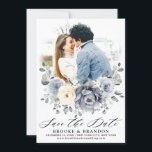 Silver Grey Ivory Floral Winter Rustic Wedding Save The Date<br><div class="desc">Elegant floral winter photo save the date card features elegant grey ,  ivory and silver watercolor flower bouquet frosty-hued greenery. Please contact me for any help in customisation or if you need any other product with this design.</div>