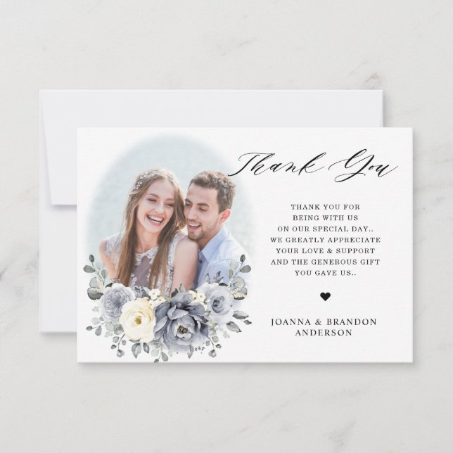 Silver Grey Ivory Floral Winter Rustic Wedding Thank You Card (Front)