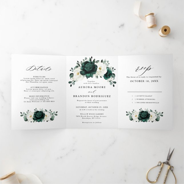 Silver Grey Ivory Floral Winter Rustic Wedding Tri Tri-Fold Announcement (Inside)