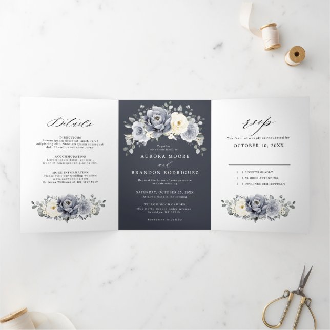 Silver Grey Ivory Floral Winter Rustic Wedding Tri Tri-Fold Announcement (Inside)