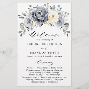 Silver Grey Ivory Floral Winter Wedding Program