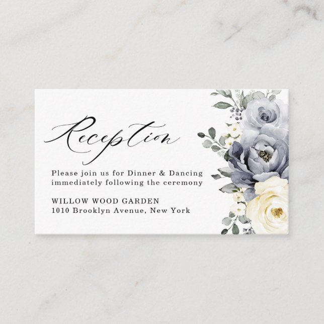 Silver Grey Ivory Floral Winter  Wedding Reception Enclosure Card (Front)