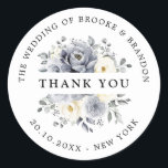 Silver Grey Ivory Floral Winter Wedding Thank you Classic Round Sticker<br><div class="desc">Elegant floral winter wedding thank you sticker features elegant grey ,  ivory and silver watercolor flower bouquet frosty-hued greenery. Please contact me for any help in customisation or if you need any other product with this design.</div>