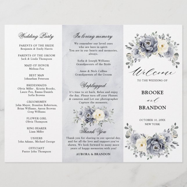 Silver Grey Ivory Winter Wedding Tri-Fold Program  (Front)