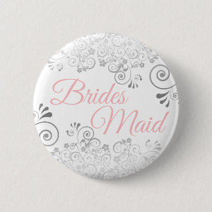 Silver Grey Lace Frills & Pink Elegant Bridesmaid 6 Cm Round Badge