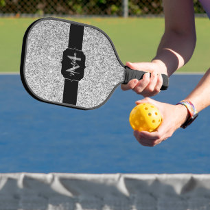Silver grey light faux glitter sparkles Monogram Pickleball Paddle