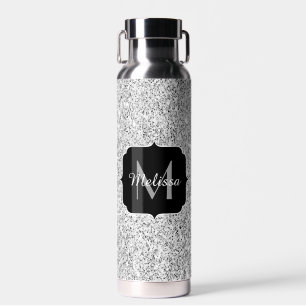 Silver grey light glitter sparkles black Monogram Water Bottle