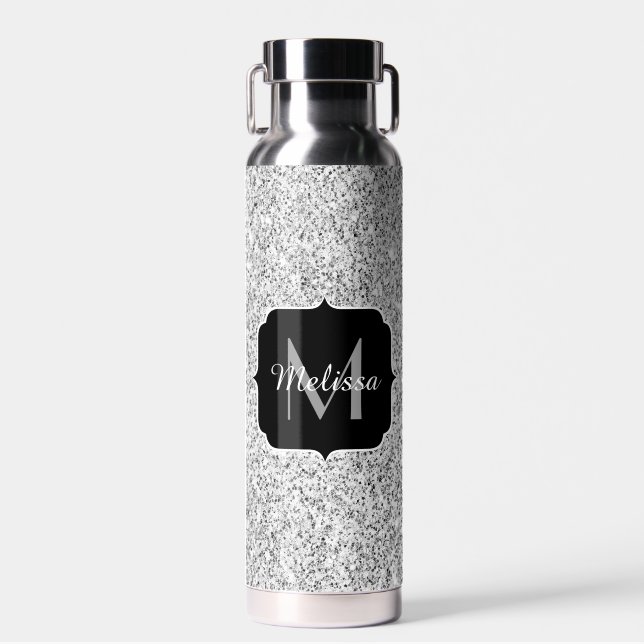Silver grey light glitter sparkles black Monogram Water Bottle (Front)