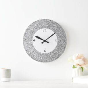 Silver grey light glitter sparkles black white large clock