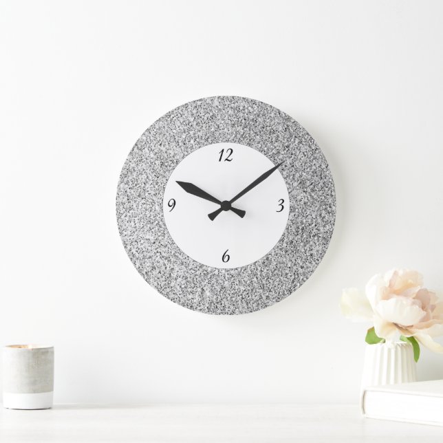 Silver grey light glitter sparkles black white large clock (Home)