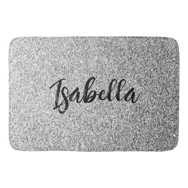 Silver grey light glitter sparkles Custom name Bath Mat (Front)