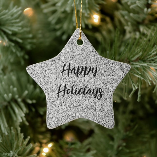 Silver grey light glitter sparkles Custom name Ceramic Ornament (Tree)