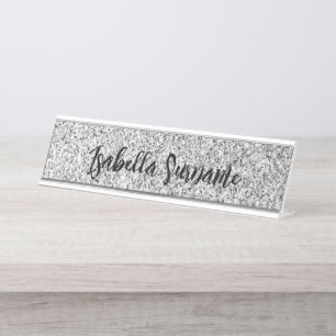Silver grey light glitter sparkles Custom name Desk Name Plate