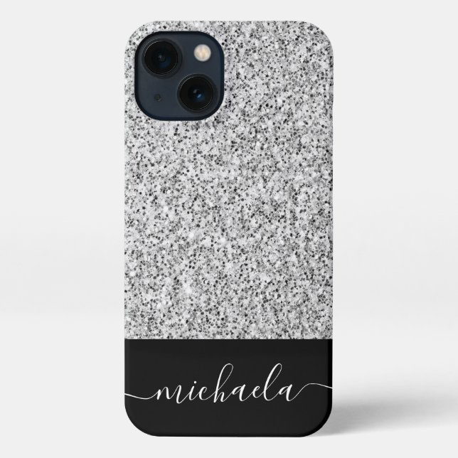 Silver grey light glitter sparkles Custom name iPhone Case (Back)
